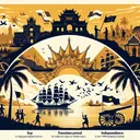Create an image illustrating the historical journey of Southeast Asia becoming independent. Include elements that hint at European colonization, such as a silhouettes of colonial ships off the coast or colonial architecture in the background. Show the transition period, with emblems of conflict such as war artillery and scenes of protests. Lastly, depict their independence, with symbolic elements such as rising sun indicating a new beginning, or a phoenix rising from the ashes. Avoid including any text or specific nation flags.