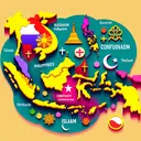 A vibrant map showcasing Indonesia, Philippines, and Thailand, with colorful symbols indicating the presence of different major religions. Indicate Buddhism with a golden pagoda, Confucianism with a yin-yang symbol, Daoism with a Taijitu symbol, Islam with a crescent moon and star, and Christianity with a cross, all located at the appropriate regions. Please ensure no text appears in the image.