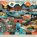 Create a dynamic and elaborate historic themed educational image showcasing various elements from the history and geography of East Asian nations. The image should depict an ancient Chinese wall symbolizing the Great Wall of China, region's mountains and deserts, and bodies of water near China. Include representations of Chinese, Japanese, Korean, and Taiwanese flags to express the post-world war conditions and divisions. Illustrate the geographic features such as an archipelago, coastal plains, deserts, and mountains, reflecting upon the mentioned countries. Also weave in elements of Buddhism and Confucianism as symbolic religious representations in a balanced, respectful manner. Display aspects referring to different types of government including autocracy and democracy but devoid of specific real-world figures. Lastly, present motifs related to modern conflicts such as tariff trade barriers, nuclear weapons, land claims, economic sanctions, a child with a face mask hinting at pollution issues, and an imagery implying a dam to symbolize attempts at addressing environmental problems. Remember to keep the image vibrant yet respectful, evoking both historical and contemporary contexts, without including any text.