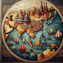 An image that visually represents the cultural development of Southeast Asia. The image should contain elements such as open seas, representing the indigenous cultures of the island nations, and elements related to Buddhism, implying the influence of China. Please include depictions of sea routes implying connectivity with India. However, make sure the image does not include any textual elements. All these elements will be metaphoric representations of the geographical influences on Southeast Asian cultures.