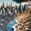 An image illustrating the concept of urbanization in Southeast Asia with crowded cities, skyscrapers and bustling streets to reflect overpopulation. Another part of the image showing the contrast between rich and poverty-stricken areas indicating disparities, and lastly a depiction of an area being hit by a natural disaster showcasing the risks for overpopulated areas.