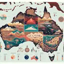 Create a detailed and visually engaging semi-abstract map of Australia and New Zealand. The map should distinguish between key geographical features such as coastlines, mountain ranges, and interior deserts. Include representation of urban areas to hint at population density. Also, embed cultural elements to depict the indigenous culture, European influences, and the diversity of Pacific islands. However, for larger Pacific islands demonstrate increased ethnic diversity with subtle artistic symbols and for smaller islands show a larger proportion of indigenous culture through visible traditional forms of art, dance, and music. Ensure that there is no text in the image.