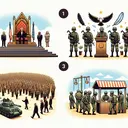 Create an image of a country under a military regime, depicting four possible outcomes without any text. 1) An illustration of a throne encircled by army personnel, suggesting the establishment of an absolute monarchy. 2) A figure symbolizing the president commanding a group of soldiers, indicating reliance on the military for peacekeeping. 3) A depiction of the military creating and enforcing laws, represented by scales of justice. The scales should be combined with symbols of basic rights such as an open book or a feather pen. 4) A scene of voting booths surrounded by military figures, indicating the military's potential to overrule decisions.