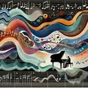 An abstract visualization of someone composing music in the style of a classical era composer like Beethoven. Showcase elements such as fluctuating rhythms represented by wavering lines, dynamic alterations shown through varying colors within a single melody line represented by winding curves, and an emphasis on short melodic phrases as conveyed by broken pieces of harmony. Depict only one type of instrument, perhaps a grand piano, at the forefront of this musical creation scene.