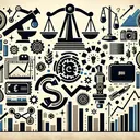 Create an abstract image that symbolically represents the concept of business and investing. The image should be composed of iconography associated with the themes mentioned in the quiz questions, such as scales for trading, a graph indicating recession and growth, a symbol of a video camera for the movie industry, stock market up and down arrows, icons representing the oligopoly and monopoly markets, a microscope for research and development, and a bank symbol to represent regulation. No text should be included in the image.