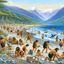 Depict a vibrant scene from prehistoric times in southern Chile. Show an array of diverse early humans, with equal representation of genders and DESCENTS, engaged in a range of activities that capture their lifestyle. Illustrate them gathering shellfish at the edge of the sea and hunting seals using primitive tools. The lush landscape, with its rugged mountains and the vast sea, sets the backdrop. Furthermore, do not include any text in the image.
