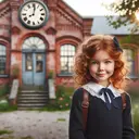 An idyllic scene of a young Caucasian girl, possibly named Nancy, with curly red hair, dressed in school uniform, standing in front of a picturesque, old-fashioned brick schoolhouse. The environment suggests that it's morning. MJake sure there's an anologue wall clock hanging near the entrance of the building showing the time exactly 10 minutes before the usual school start time. Make sure the image contains no text.