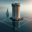 Create an interesting and engaging image that visualizes a scenario involving mathematics concepts. Show an old stone tower standing tall on the edge of a calm sea. There should be a viewing platform on top of the tower, at a height of 20 meters. From this vantage point, let there be a view of a sailboat on the ocean. The line of sight from the top of the tower to the boat forms a 30-degree angle with the horizon in a downward direction. Make sure that there is no embedded text in the image.