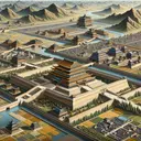 A detailed oriental landscape featuring sprawling kingdoms under the rule of one emperor in early China. The emperor's palace should be at the center, with provinces spreading around it. Imagery should include architectural elements representative of the Tang and Song golden age. Fields, rivers, hills, and walled cities during that time period, captured in a serene and prosperous scene, along with the noticeable absence of Mongols to subtly hint at the pre-invasion era.