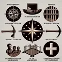 Create an image that signifies the establishment of the first British colony in Australia, without any text. Include subtle representations of each choice in the question: a maritime navigational compass signifying Australia's strategic location, a pickaxe and hardhat for resource extraction, early 19th-century prison bars for housing convicted prisoners, and a peaceful cross to represent the Christianization of the Aborigines. The image should be tasteful and balanced, ensuring none of the symbols dominates the others.