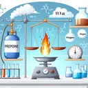 Illustrate a science lab setting with a few key elements to represent the chemistry concept. Include a propane gas cylinder, a balance scale showing the weight of 11 grams, seperate jars of oxygen gas, and a flame from a Bunsen burner to signify combustion. Emphasize that no text should appear in the image.