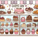 Illustrate an empty cute, small cafe with dessert showcase full of various types of desserts like cupcakes, cakes, and pastries. Some of the desserts are prominently made of chocolate, and a few have visible nuts on top or within them. Please ensure the image does not contain any written text.