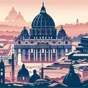 Create an image depicting a picturesque view of Vatican City focusing on St. Peter's Basilica, a city silhouette with distinguishing landmarks such as a dome, emphasizing the religious nature of the country within the atmosphere of the image. Additionally, include non-specific silhouettes of religious leaders in subtle conversation, symbolizing the theocratic system of governance. However, keep the image free from any text or lettering.