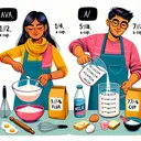 Illustrate a vibrant kitchen scene depicting two individuals who are baking. One person, a South Asian woman labeled as Ava, is pouring a small amount of flour from a bag into a measuring cup, indicating one-eighth of a cup. On the other side, a Hispanic man identified as Shere, is measuring three-fourths of a cup of flour from a different sack. Between them, portray other baking materials such as whisk, a mixing bowl, eggs, milk, butter, sugar. Along the bottom, represent four separate divisions of a full flour bag into 1/2, 1/4, 5/8, and 7/8 parts to hint at the answer options.