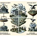 A detailed illustration featuring four separate visual metaphors. In the first section, depict a large entity (representing a state) forming or dissolving smaller entities (representing county governments). In the second section, portray a small unit (symbolising a county) directly connected to a broader entity (symbolising the national government). In the third section, illustrate two equal-sized formations (a state and a county) equally balanced on a scale. Lastly, in the fourth section, create an image of a place (indicating a county) with various situations happening (each one symbolising different elections), indicating change.