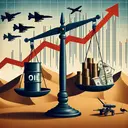 Create an abstract depiction of the Middle East with symbolic elements representing oil wealth, stability, and conflict. This could include a pair of scales weighed unevenly by an oil barrel and a bundle of currencies, warplanes in the sky above, a desert pensively watching oil drilling activities, and the fluctuating graph of an oil-centric economy as part of the backdrop. Do not include any text in the image.