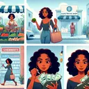 Create an illustration of a woman at a bustling market buying fresh produce, then visiting a chemist's shop where she purchases her essentials, followed by her stopping at an electrical shop to get some gadgets. In the final part of the image, depict her counting the remaining money in her wallet with a thoughtful expression, revealing the amount left to be #555. This woman appears to be middle-aged, having almond-shaped eyes and curly hair. She is a person of Black descent. All this is set against a serene cityscape. The image should not contain any text.