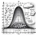 A detailed and illustrative image of a statistical concept involving a continuous random variable X, depicted as a curve on a plot varying between 0 and 6. The curve is intentionally vague representing its unknown distribution, with a cloud surrounding it showing its high variance which is at most 4. Additionally, show small sample points X1,...,Xn as dots on the curve. Depict the concept of sample mean with the symbol H denoted by an average line of these dots. Lastly, include a confidence interval depicted by two parallel lines around the sample mean, to signify the desired 96% accuracy within the error of 0.02.