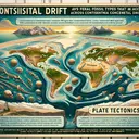 An illustrative depiction of various fossil types that match across continental shores, indicating continental drift. Display a stunning panorama view of various continents with highlighted spots where matching fossils have been found. Additionally, demonstrate plate tectonics through an exaggerated pull-apart and collision of two landmasses visibly drifting apart or colliding symbolizing the tectonic plate movements. There should be no written text in the image.