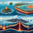 An image that portrays the geographic process of plate tectonics and connected phenomena. Depict the following individual elements: 1) the Hawaiian Islands in the Pacific Ocean, demonstrating the varying distance from a volcanic hotspot, emphasizing their age and growth process; 2) two contrasting plate types, oceanic and continental, highlighting their difference in densities; and 3) a representation of a volcanic arc formation on the edge of a continental plate, indicating the process of plate divergence, uplift, and subduction. Ensure the image does not contain any text.