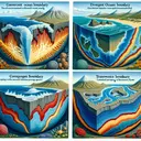 An illustrative geological depiction presenting the four types of plate boundaries discussed in the question but without text labels. The first being a convergent ocean-ocean boundary displaying underwater volcanoes merging. The second, a divergent ocean-ocean boundary showcasing a seafloor spreading. The third display is a convergent ocean-land boundary with an evident subduction zone. Lastly, a transverse boundary demonstrating lateral movements of tectonic plates.