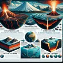 An educational image showcasing the various types of volcanoes, and their respective characteristics including eruption types and lava flow. Quality eruption of a stratovolcano and cinder cone volcano side by side for comparison, with a clear distinction between their base, shape, and thick or thin lava. Also, including plate tectonics, showcasing the difference in density between oceanic and continental plates which contributes to subduction. Depict the motion and interaction of the plates at transform boundaries. A representation of ancient glaciers marking regions across continents to denote the theory of a single supercontinent. Lastly, an imagery of seafloor spreading occurring at mid ocean ridges and the formation of ocean trenches.