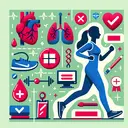 Create an appealing image without any text that represents a quiz about aerobic fitness concepts. The image should depict symbols related to cardiovascular health, like a heart or blood vessels, athletic equipment such as running shoes or yoga mats, and an individual exercising with a focus on aerobic intensity. The individual should be Middle-Eastern female. Additionally, include depictions of a cross and a tick symbol to represent true or false responses to convey the nature of the quiz.