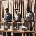 An organized and calm election scene showing a South Asian woman, a Middle-Eastern man, and a Black man participating in the democratic process. They are lined up in front of wooden voting booths with curtains for privacy, casting their votes. Nearby, a table with clear ballot boxes filled with papers is visible. The atmosphere is harmonious and encourages civic responsibility, underscoring the significance of each vote.