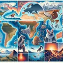 Create a collage illustrating key themes from a Geology question set. The collage should include: a visual display of different levels of earthquake intensity; a map showing a supercontinent breaking into South America, Africa, Antarctica, India, and Australia, with marsupials hopping across; a dormant volcano surrounded by lush vegetation; the collision of two tectonic plates creating a mountain range symbolizing the Himalayas; a magnified view of rocks revealing their age and magnetic direction; a string of volcanic islands emerging at an ocean-ocean boundary; and a depiction of volcanic activity in Iceland at a divergent boundary. Please ensure the image has no text.
