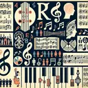 Visualize a collage or montage of various elements representing music theory. This can include symbols like the treble and bass clefs, notes on a staff representing the musical alphabet (A-G), sharp and flat symbols, some sample key signatures, a picture of an orchestra which represents orchestration, a depiction of major and minor scales on piano keys showing the different steps, representation of Gregorian chants and solfege syllables. The individual elements should not contain text.