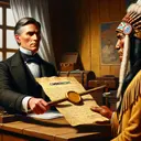 An illustrative image that depicts communiqué being handed over from a 19th century white American government official to a Native American Chief, symbolizing enforcement of a treaty. The governmental official is shown to be earnest, with a stern yet non-threatening expression, while the Native American Chief is thoughtful and introspective. The background setting is rustic with a 19th century wooden office interior. A wax sealed document symbolizes the treaty. Please ensure that there is no visible text.