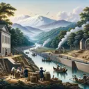 An historical scene of the late 18th century featuring the construction of canals along the James River near Richmond. Include Georgian architecture reflecting the period. The canals wind through lush greenery leading to the backdrop of the majestic Appalachian Mountains. Men in period clothing are working on the construction, with goods visible on the side that are ready for shipping. A water wheel can be seen in the distance, symbolising the potential for electricity generation, and signs of agriculture nearby represent the water supply for drinking and irrigation. Do not include any text in the image.