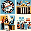 Visual representation of the following themes - international associations, civic life, system of governments, and civil rights movement. 1. An icon of a globe with flags from different countries, implying international associations. 2. A black woman volunteering at an animal shelter, depicting civic life through community service. 3. A stylized image of parliament and presidential buildings, representing different systems of governments. 4. An image of multiracial group of people (South Asian woman, Hispanic man, Caucasian woman, and black man) holding banners, symbolizing civil rights movement. Remember, no text allowed in the image.