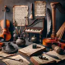 Create an eclectic scene that symbolizes classical music, including various historically accurate instruments such as violins, a harpsichord, and ancient choral music sheets. Add touches like a quill and inkpot indicative of the process of music composition during the Baroque and Renaissance periods. Remember not to include any text.