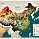 Create an illustrative map of China featuring high contrasts between different geographic regions, each clearly bounded. North, East, and West regions of China should be distinctly represented. The North region should appear arid, embodying the Gobi Desert's characteristic barrenness with sparse vegetation and extensive sand dunes. The West should feature rugged, snow-capped peaks symbolizing the Himalayas. The East should showcase coastal plains with beautiful beaches, picturesque bays, and tranquil seas. Additionally, incorporate a few fertile river valleys, well-marked with bright, lush green colors representing their richness, which are sporadically scattered throughout the map. Remember, some features might appear more than once, signifying their widespread nature.