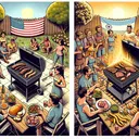 Illustrate two separate outdoor scenes side by side for comparison. On the left, depict an American barbecue. This might feature a classic rectangular metal grill with charcoal being heated, a group of diverse people sitting around it and engaged in cheerful conversation, a few holding cold drinks in hand, with meat sizzling on the grill, buns and salad on a nearby table. On the right, show an Asado from a Spanish-speaking country. Here, show a large, open fire pit with a gridiron above it, a diverse crowd of people gathering around, some turning large cuts of beef, pork and sausages with long metal tongs, with accompaniments like fresh bread and chimichurri sauce on a table close by. Ensure both scenes depict sunny, cheerful days. Remember, no text is to appear in the image.