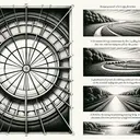 An intricate image featuring a skylight in the shape of a circle with narrow panes coming out from the center, demonstrating the principle of 'Radial balance'. A discreet representation of viewing direction from left-to-right, suggesting the natural reading path of text illuminates the principle of 'Movement'. An area of high contrast pulls viewer's focus towards one spot in the drawing, exemplifying the principle of 'Emphasis'. Furthermore, arrange the elements in an interesting manner to depict the principle of 'Balance'. Finally, a certain road across a landscape indicates how the eye travels across, representing the principle of 'Movement'.
