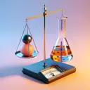 Please generate an image that simply and evocatively represents a physical science experiment. Show a clean balance scale, with a 200g weight on one hand and a 160g weight on the other to represent the different masses. Next to the scale, display a transparent beaker filled with a liquid in which part of a solid object is immersed. The solid object should look like it has been partly submerged in the liquid. Remember, this scene should be rendered in a neat, colorful and engaging way.