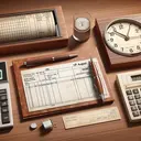 Visualize a vintage wooden desk from the year 1993 with a checkbook, pen, calculator and an analog clock displaying the time as 10:00. The checkbook has a transaction made on 13th August, while a paper calendar on the desk shows the date as 31st December. The calculator screen is blank. No text is included in the image.