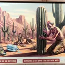 An intriguing image depicting a dramatic desert scenario. A person represents the character of Diez. He should be on the verge of severe dehydration, his features sunken and skin pallid. Around him, visualize the harsh, arid expanse of a desert during a scorching day, with towering saguaro cacti as the major flora. Depict Diez attempting (but struggling) to break open a saguaro cactus, in an act of desperation to find water. In the background, show a discarded empty water canteen to emphasize the desperate circumstances. Do not include any depiction of smoking or other unsavoury activities.