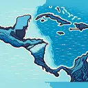 Create a visually appealing image that represents Central America and its geographical location between two bodies of water. Show an illustrated map of Central America with two large bodies of water on either side, but without any text or labels. The waters should be depicted with different shades of blue to symbolise the variety in their climates, temperatures and eco-systems. Please ensure the map is stylized and not overly complicated, and the water bodies are clearly visible.