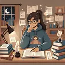 Illustration of a person in a library or study room, immersed in their books and pondering over multiple choice questions. They belong to a Hispanic descent, sporting a ponytail, glasses, and wearing a comfortable sweatshirt. The room has an antique wooden desk covered with papers, a quill pen and an inkwell, symbolizing their academic journey. The ambiance should show a cozy, quiet, and motivated evening study session.