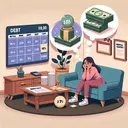 Visualize a scene explaining a financial situation. Display a young woman in her late twenties, of Hispanic descent, sitting on a comfy chair with a worried expression on her face. In front of her is a coffee table with a piece of paper indicating a large debt of $8,000. Surrounding her are invisible thought bubbles, one balloon showing a monthly calendar, another showing stack of cash indicating monthly payments, and the third balloon showing a credit card symbol with 21% on it. Make sure the scene is well-lit, and doesn't contain any text.