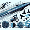 Create a detailed image that visually answers the question on overcoming air resistance without containing any text. Show a streamlined shape like a bullet train running at high speed, which reduces air resistance due its aerodynamic design. Include a cyclist on a high-performance bike wearing aerodynamic gear pedaling against the wind as an example of how humans can overcome air resistance. Lastly, depict a group of birds in V formation flying in the sky, demonstrating nature's strategy for reducing air resistance.