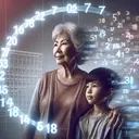 This is an image showcasing a mature mother with an Asian descent and her young son with a Hispanic descent standing next to each other, looking towards the horizon. The mother is thrice the age of her son. Imaginary numbers float around them, representing the passage of time. The numbers lead towards a calendar showing pages flipping from the current year to ten years from now. Some numbers combine to form the number 76.