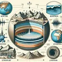 Create an image of a detailed cross-section of the Earth showing the different layers, including the outer core, mesosphere, asthenosphere, and lithosphere. On another part of the image, depict seismic waves propagating through these layers. Also, include a representation of an environment featuring mountains and a mid-oceanic ridge as zones where tectonic activity occurs, signifying the movement of tectonic plates. Lastly, create a representation of a sinkhole and an underground mine, to symbolize the risks of mining activities. Do not include any text.