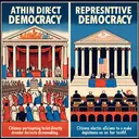 An image signifying the contrast between two forms of democracy: Athenian direct democracy and American representative democracy. On one side illustrates an ancient Greek setting with citizens gathered in an assembly, indicating the principles of direct democracy. On the other side, portrays a modern American setting, featuring citizens casting votes and elected officials sitting in a governmental building. These depictions help to demonstrate the aspect of citizens participating directly in decision making in one, and on the other, citizens electing officials to make decisions on their behalf. Ensure to not include any text within the image.
