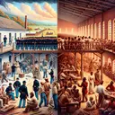 A poignant, historical scene vividly illustrating the contrasting conditions faced by prisoners of war during the American Civil War. On one side, depict a Union prison with its conditions, showing the prisoners and their surroundings, while on the other side, a comparable scene of a Confederate prison. The people in the scene are of various descents including Caucasian, African-American, and Hispanic. The scene should be filled with compelling details reflecting the historical context, but should not contain any text.