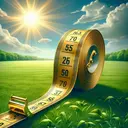 Illustrate an image of an extended brass measuring tape on a lush, green field under a sky that looks to be around 50 degrees Celsius, with hot, bright sun rays falling on the field. You are shown with the reading of 70.5 meters on the tape. Represent the heat expansion of the tape, but suppressing any text included so it't just visual. The expansivity should be subtly conveyed by showing slight bends and curves in the measuring tape suggesting its expansion due to elevated temperature.
