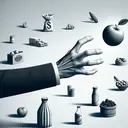 Create an image to metaphorically represent scarcity. Include a outstretched hand reaching towards a luxurious item, for instance a fruit, located just slightly out of reach. Additionally show various other commodities in abundance nearby, but overlooked by the hand. The hand should be of a Caucasian person. The background should be simple and uncluttered.
